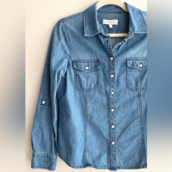 Talbots Petites Denim Button-Up Shirt, Medium Wash Chambray Shirt, Size SP - Picture 3 of 15